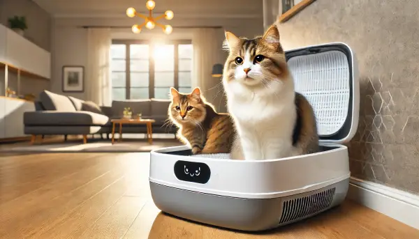 자동 화장실을 사용하는 고양이, 편안하게 배변 중인 모습