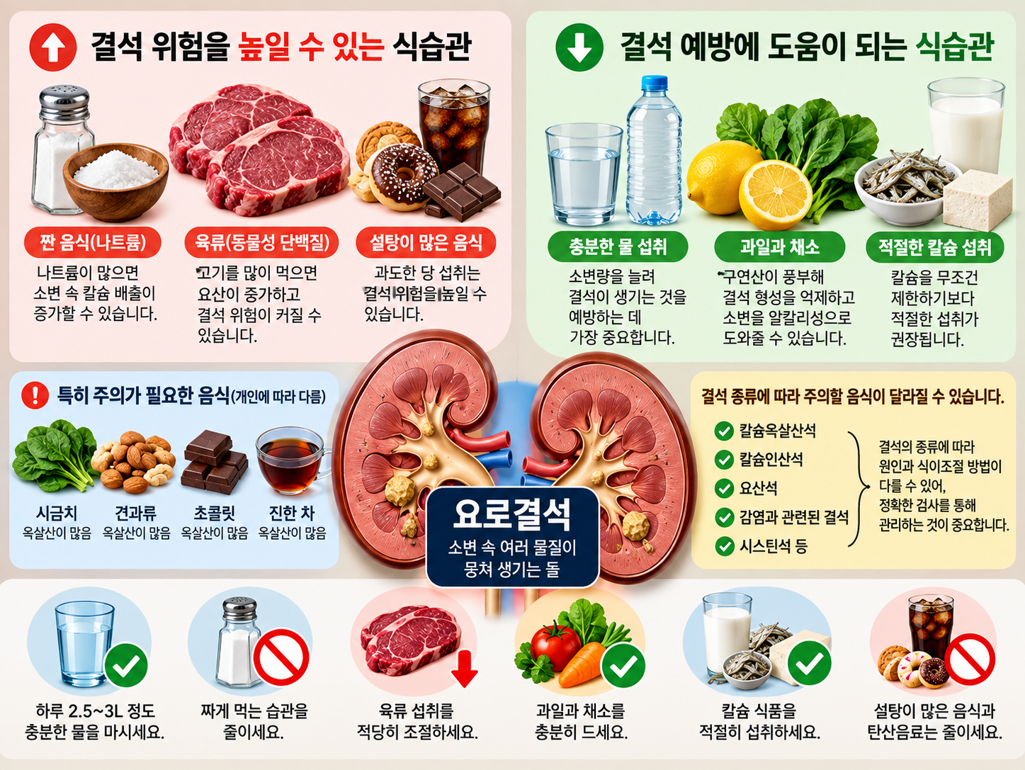 물&middot;소금&middot;육류&middot;채소 등 요로결석과 식생활의 관계를 보여주는 인포그래픽
