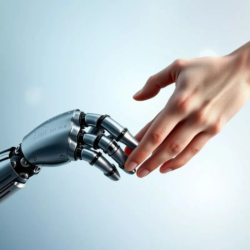 AI 글쓰기, 인공지능 창작 저작권 문제를 상징하는 로봇 손과 인간의 손
