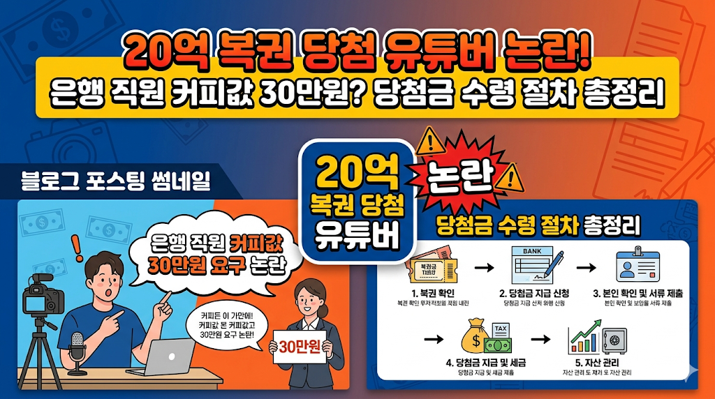 20억 복권 당첨 유튜버 은행 직원 커피값 30만원 요구 논란과 당첨금 수령 절차 총정리
