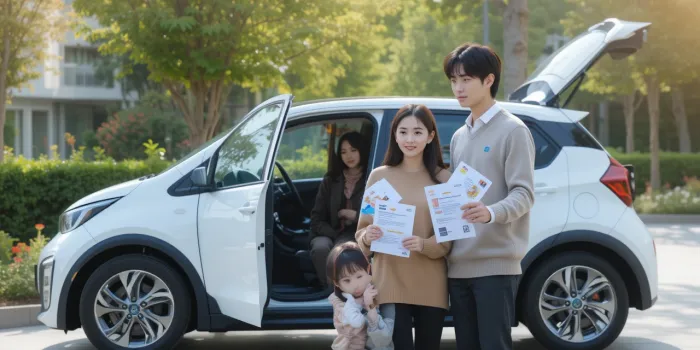 새로 산 전기차 옆에서 보조금 서류를 들고 있는 가족