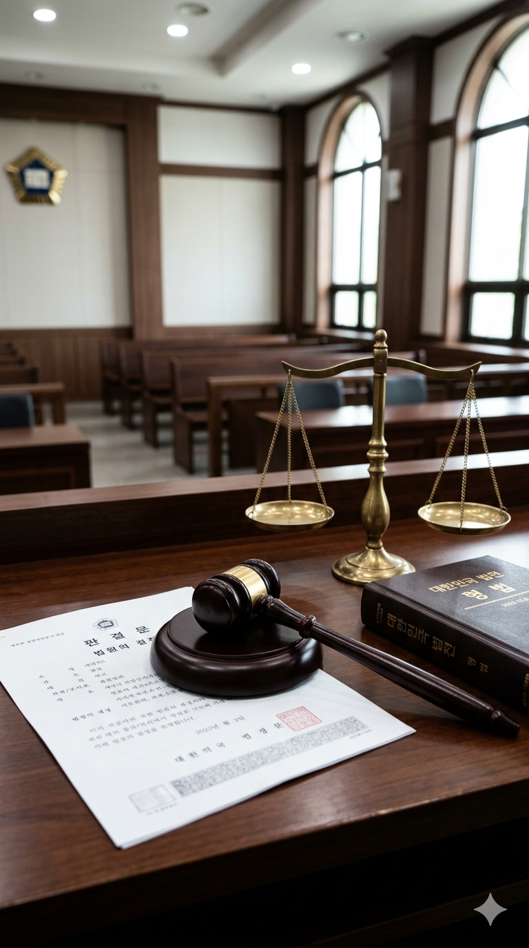 법원의 판결을 암시하는 법봉과 저울 이미지