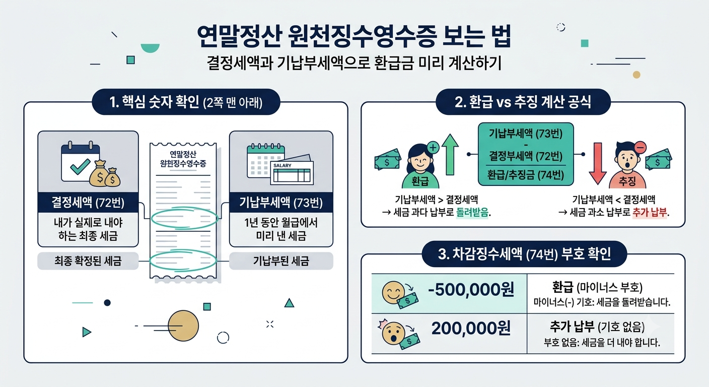 연말정산 원천징수영수증 결정세액과 기납부세액 계산법 인포그래픽