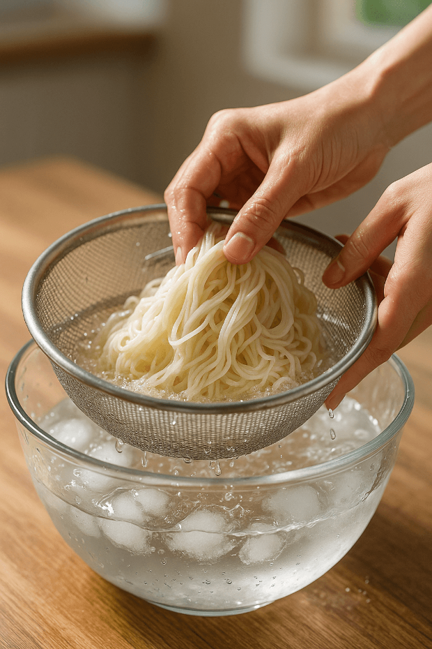 소면을 얼음물에 헹구는 모습, 금속 채반과 유리볼에 담긴 얼음이 보임
