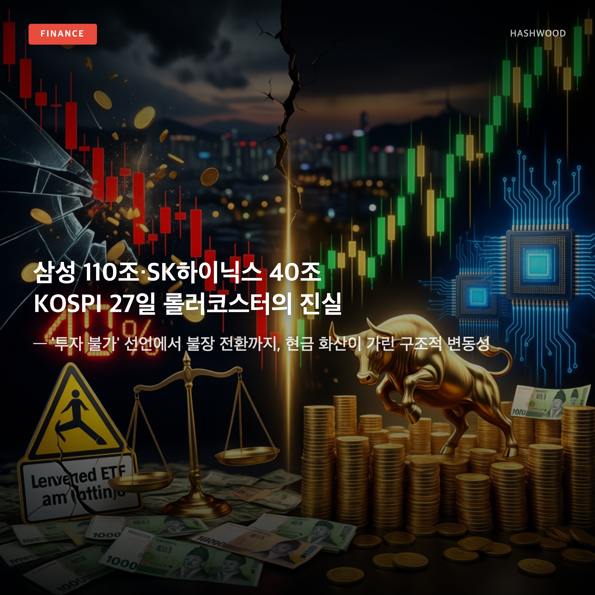 그림: 삼성 110조·SK하이닉스 40조 KOSPI 27일 롤러코스터의 진실 — — '투자 불가' 선언에서 불장 전환까지, 현금 화산이 가린 구조적 변동성