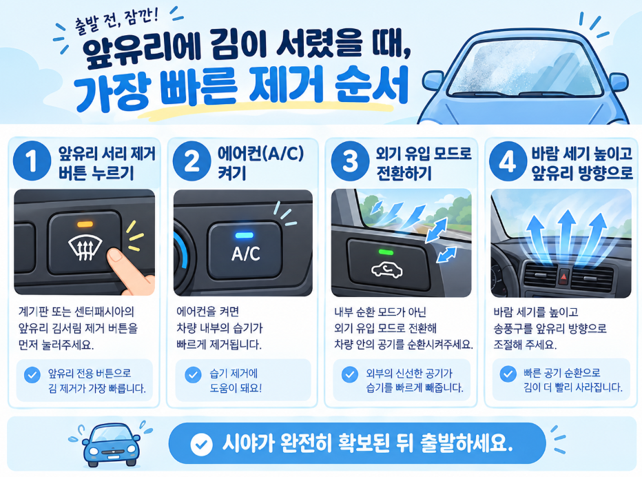 앞유리에 김이 서렸을 때 가장 빠르게 제거하는 방법