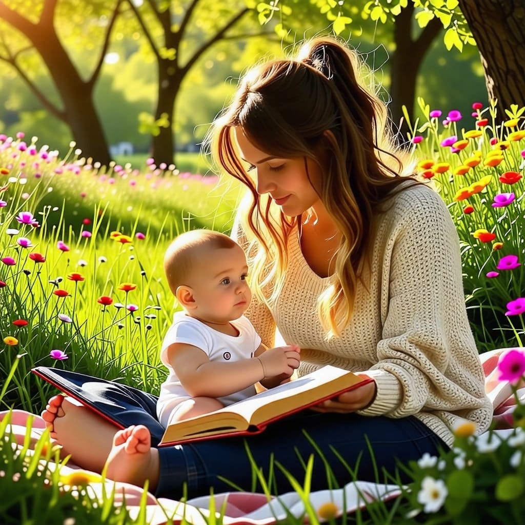 엄마와 아기의 독서 시간: 공원이나 자연 속에서 엄마가 아기에게 책을 읽어주는 모습, 자연광이 비치는 따뜻한 분위기.
