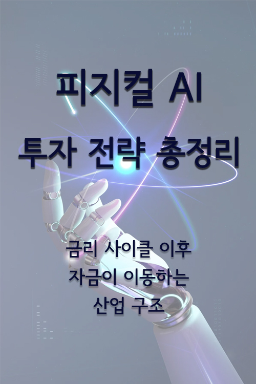 로봇 팔 위에 원자 모형 형태의 에너지 궤도가 회전하는 모습으로, 기술과 물리적 자본이 결합된 피지컬 AI 산업의 구조를 상징합니다.