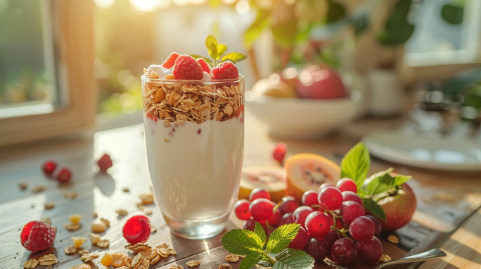 아침 햇살 아래 유산균 음료와 과일이 놓인 건강한 식탁 풍경