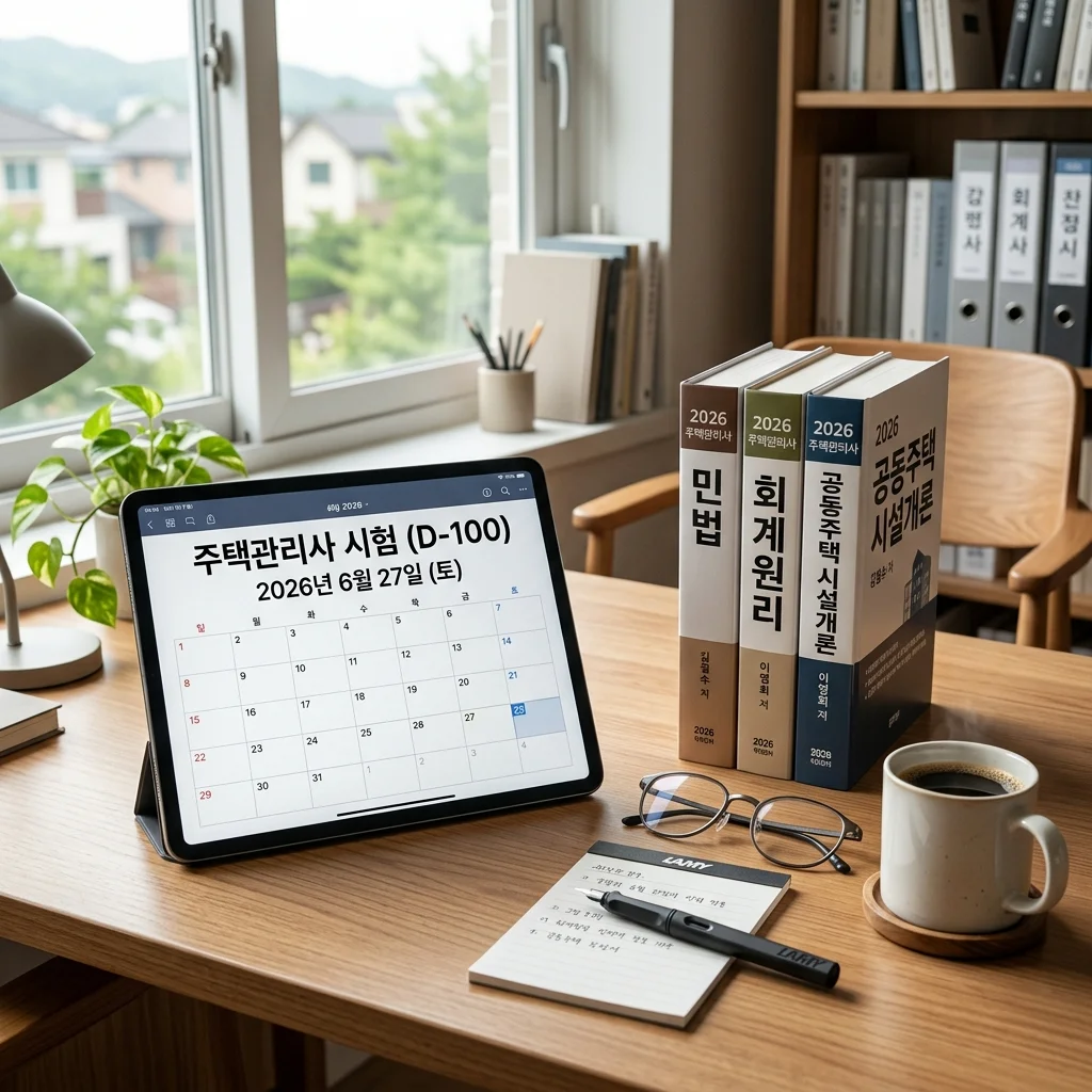 2026년 주택관리사 시험일정 D-100일 카운트다운과 수험서가 놓인 깔끔한 공부방 책상 풍경