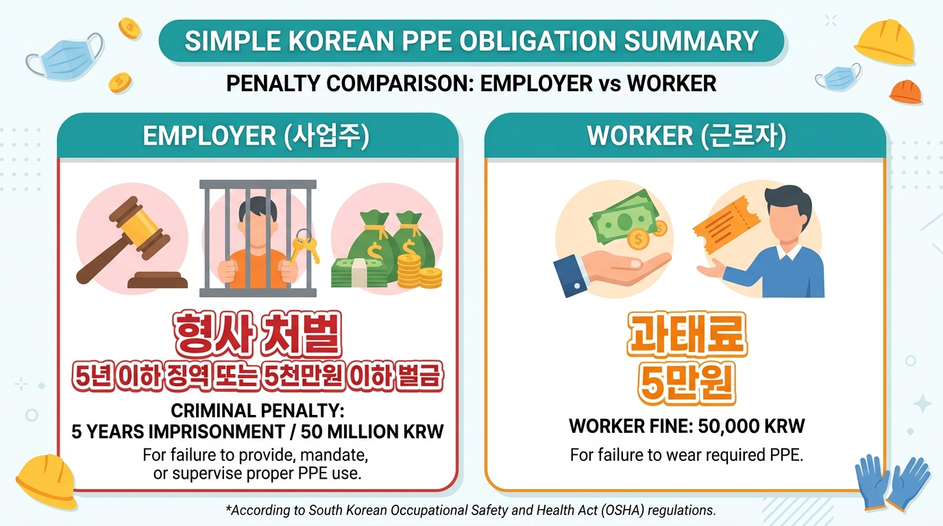 보호구 미지급 사업주 형사처벌 vs 미착용 근로자 과태료 비교표