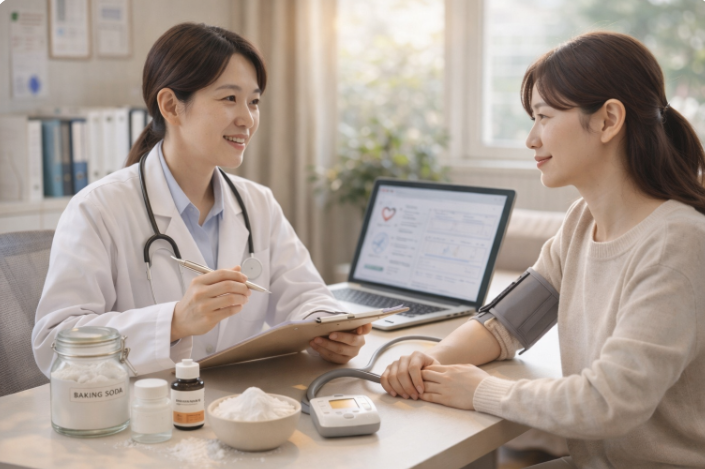 진료실에서 혈압 측정 후 의사와 상담 중인 여성 환자