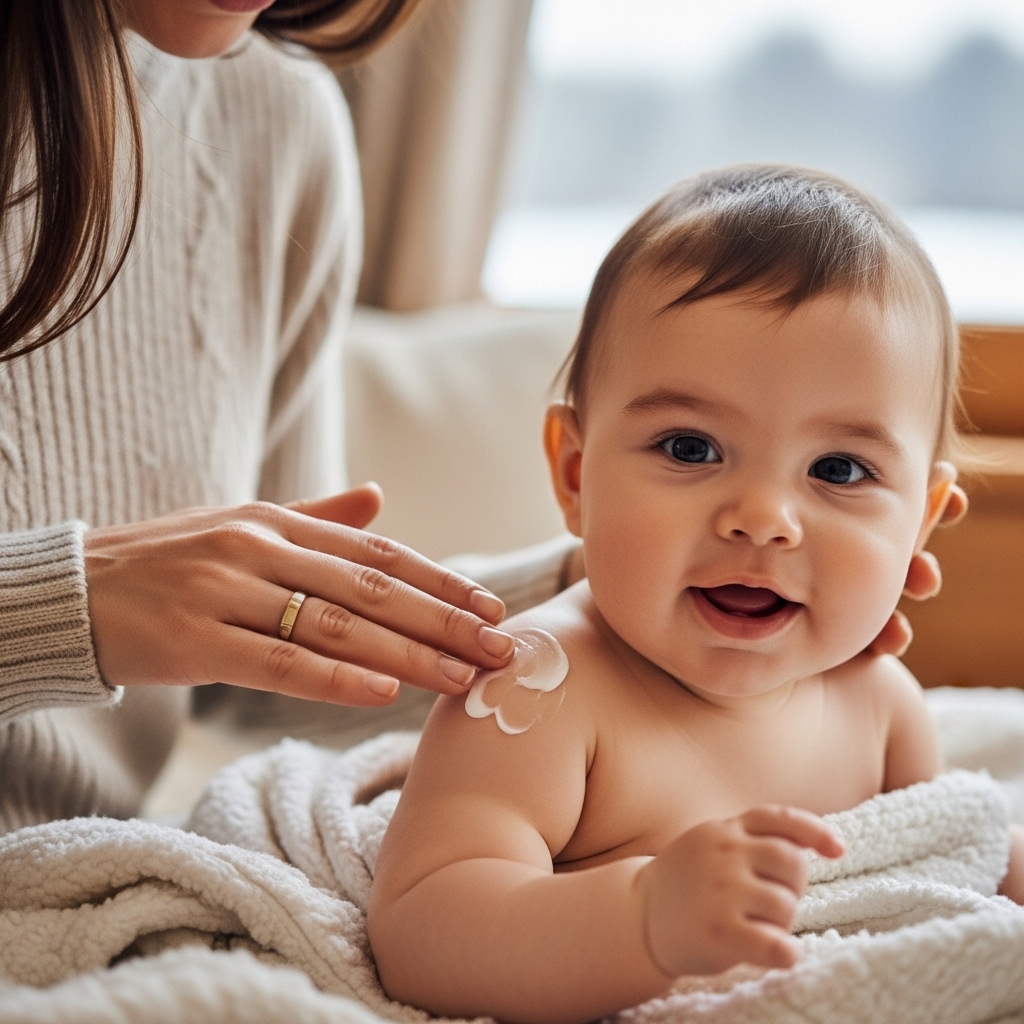 포근한 겨울 실내에서 부모가 아기의 건조한 피부에 보습 로션을 부드럽게 발라주는 모습