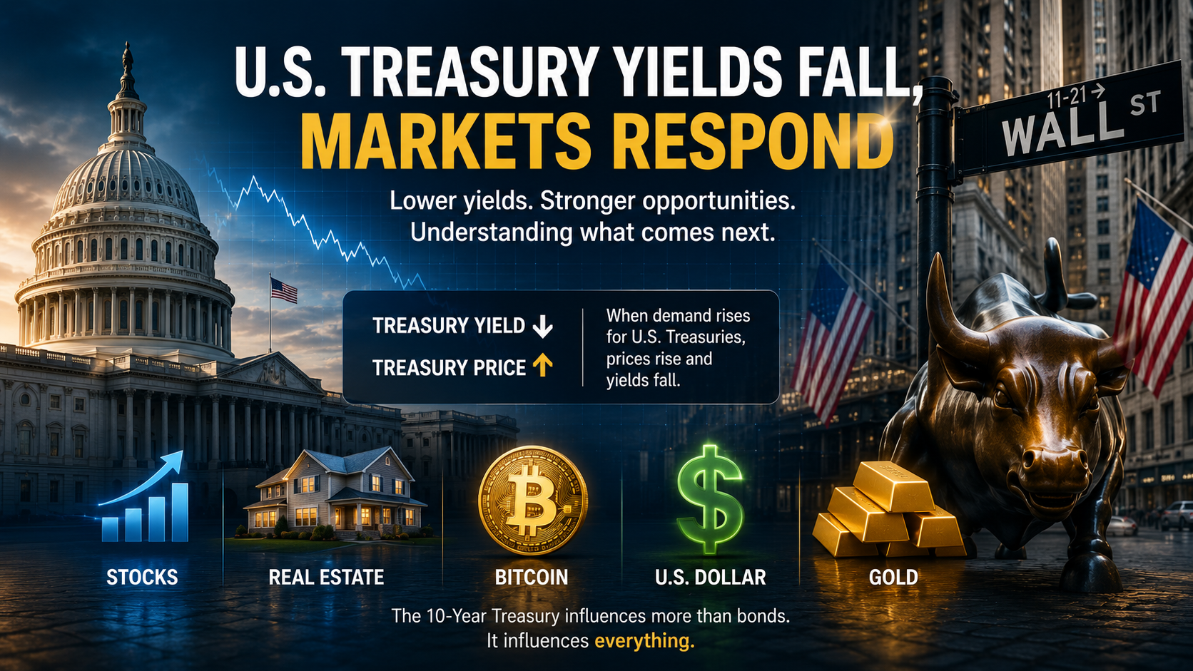 U.S. Treasury yields falling and influencing stocks, real estate, Bitcoin, the dollar, and gold