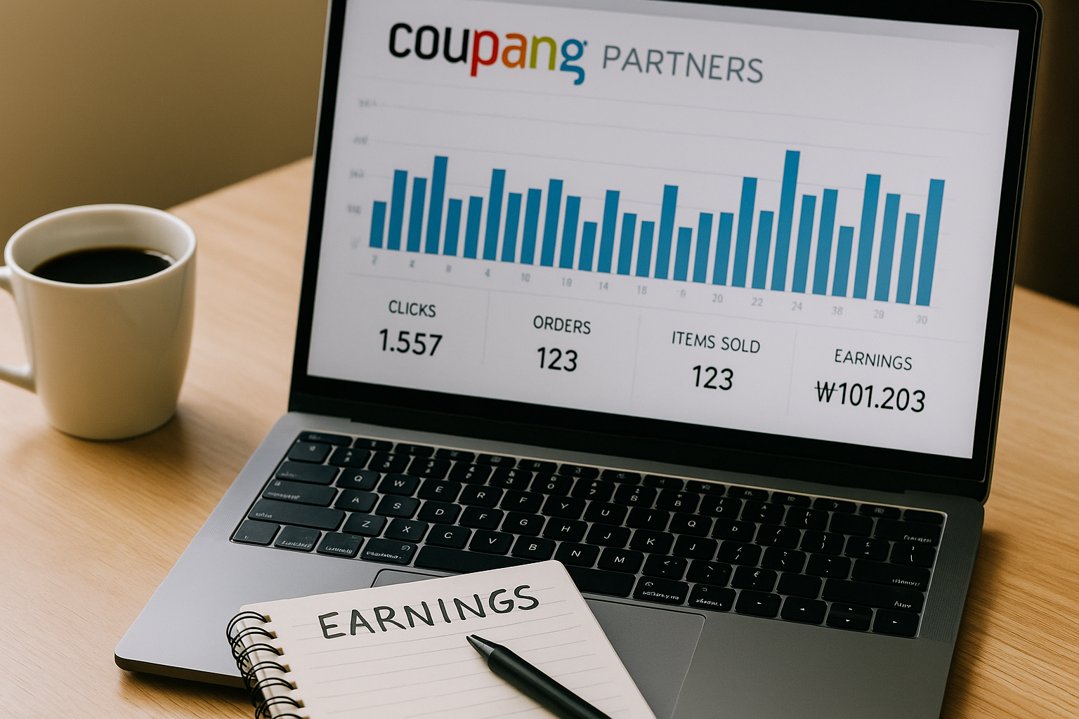 쿠팡파트너스 수익 대시보드를 보여주는 노트북과 수익 계획 노트가 놓인 책상 위 풍경