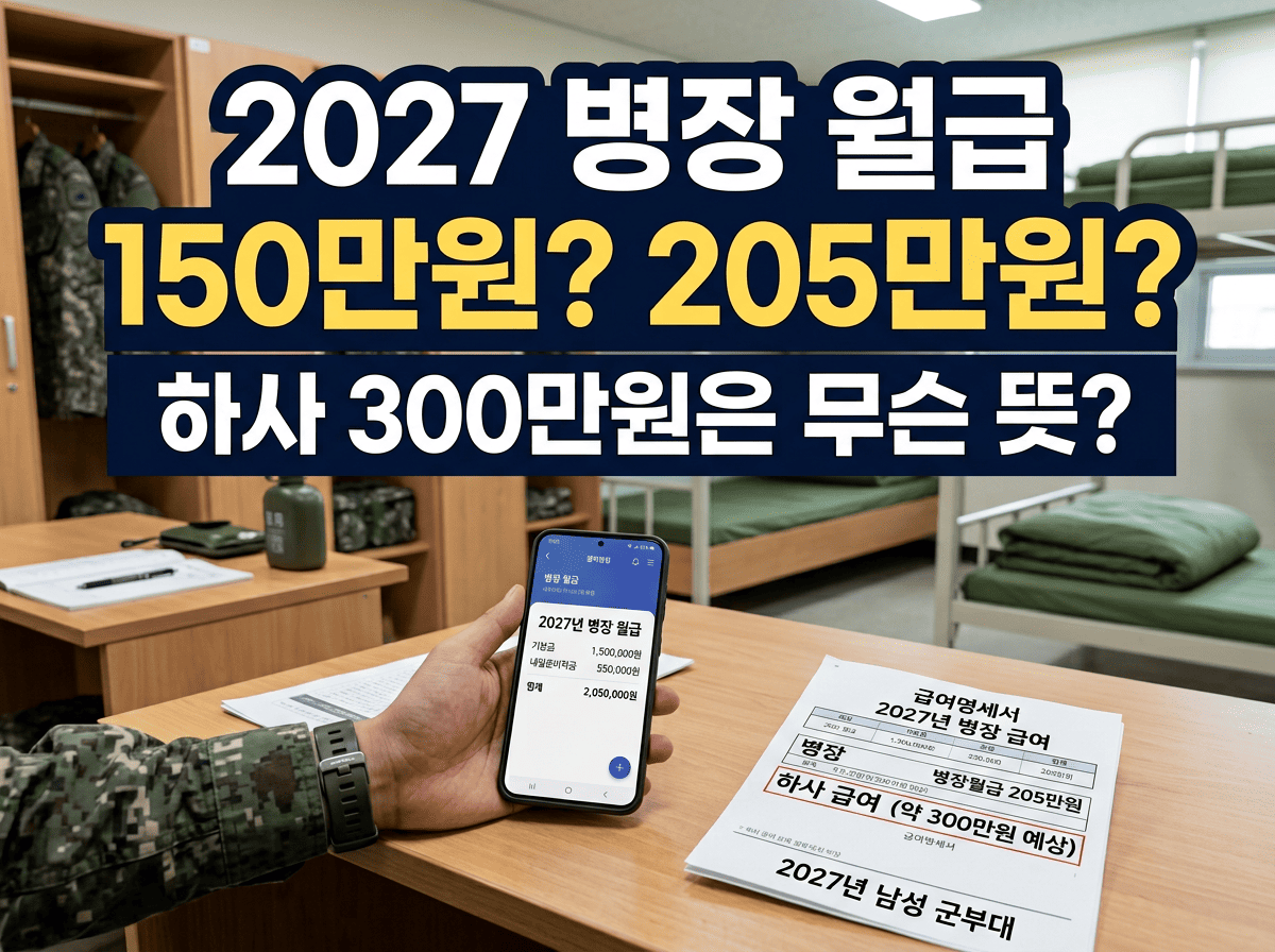 군 급여 정보를 확인하는 화면과 2027 병장 월급 150만원과 205만원 차이를 묻는 안내
