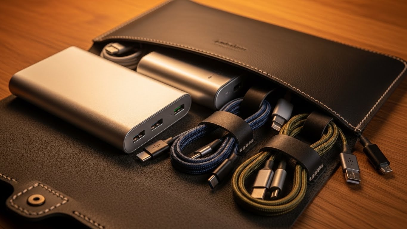 물리적 한계를 극복하기 위해 정갈하게 정리된 디지털 노마드용 테크 파우치와 보조 배터리