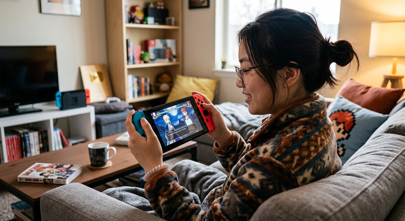 Switch 휴대 모드로 Fate/stay night REMASTERED를 플레이하는 모습