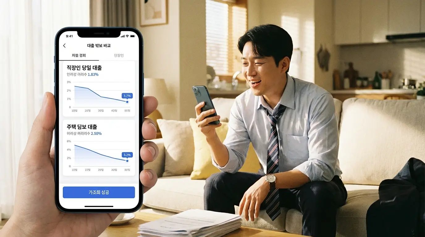 스마트폰 대출 비교 플랫폼을 통해 직장인 당일 대출과 주택 담보 대출 금리를 한 번에 가조회하고 안도하는 직장인의 모습