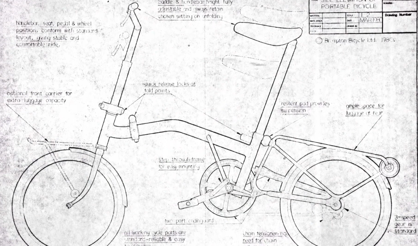 브롬톤의 초기 휴대용 자전거 설계도입니다.
