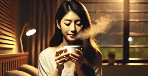 카모마일 티를 마시며 편안한 시간을 보내는 여성