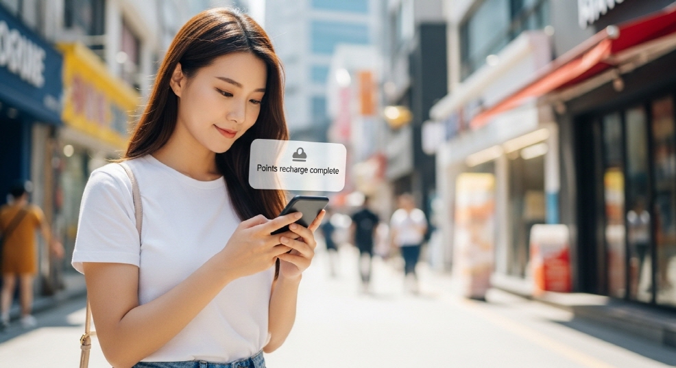 스마트폰에서 알림 문자(&ldquo;포인트 충전 완료&rdquo;)를 확인하는 여성