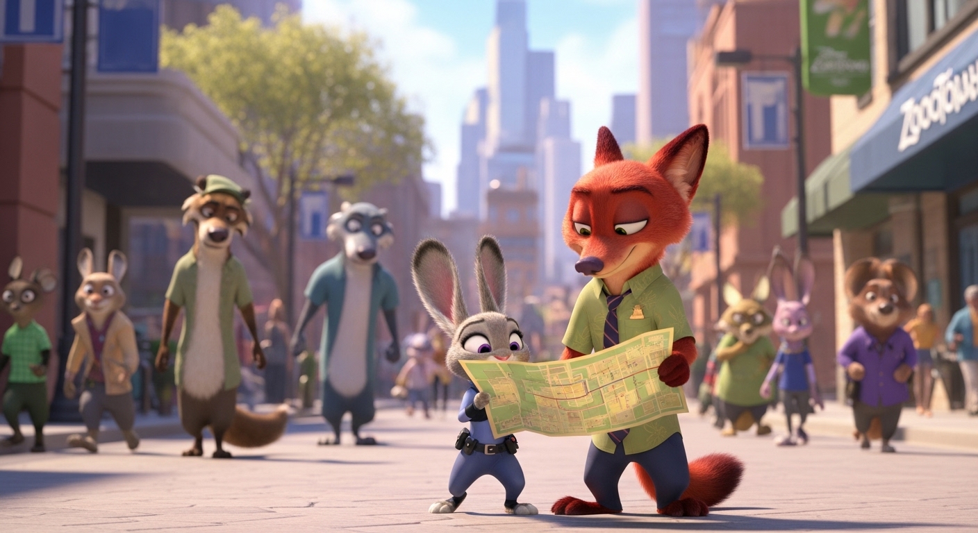 주토피아에서 토끼 경찰 주디와 여우 닉이 함께 서서 차별과 편견을 넘어선 공존을 상징하는 모습.