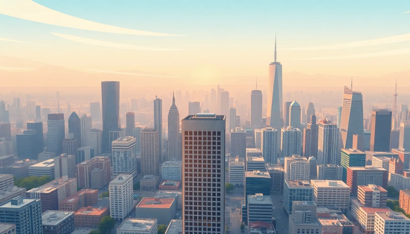 뉴욕 맨해튼의 맑은 하늘 아래 고층 빌딩들이 늘어선 풍경