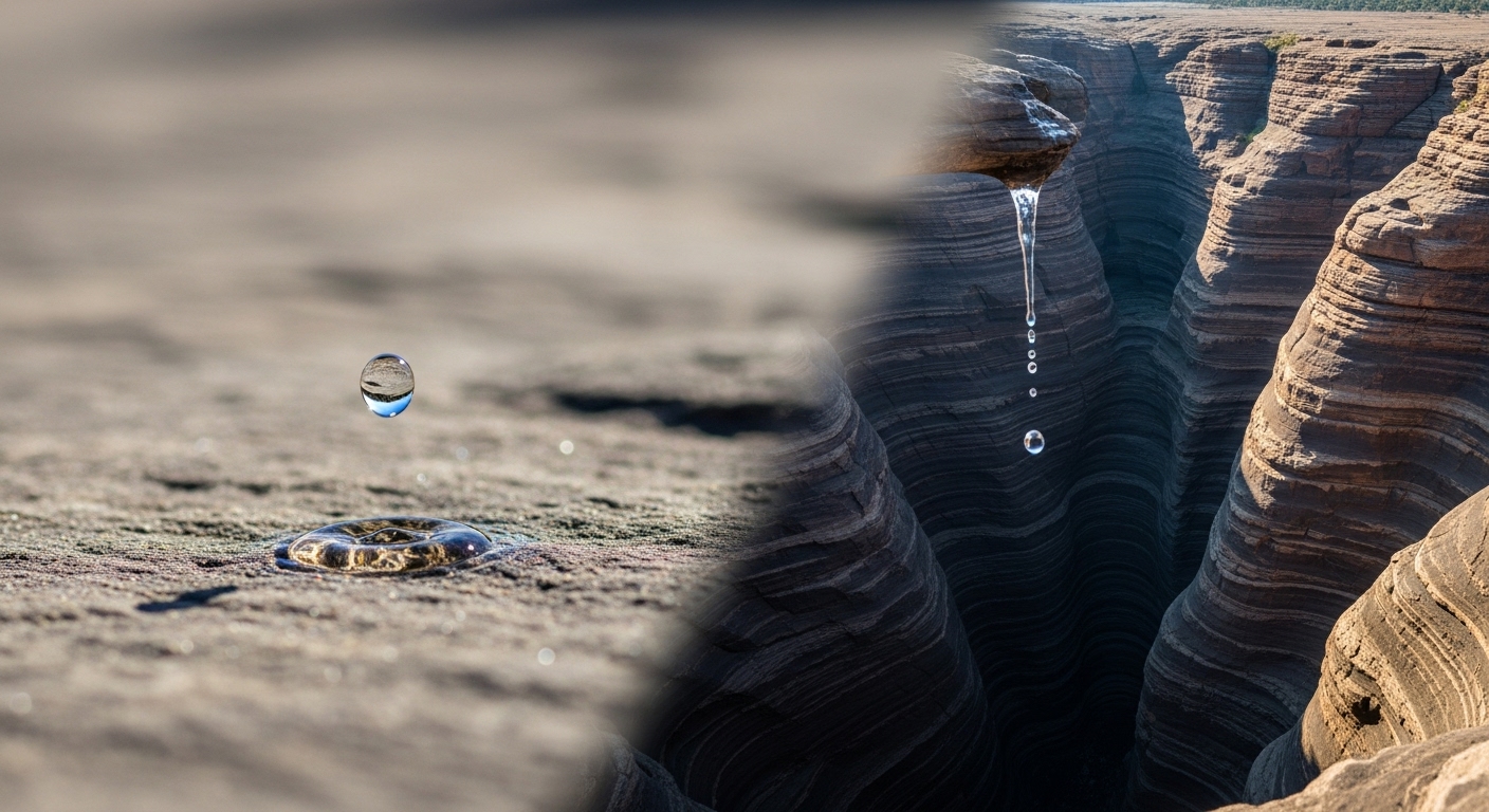 한 방울의 물이 시간이 지나 거대한 협곡을 만드는 모습을 통해, 작은 노력이 쌓여 큰 변화를 이끌어내는 복리 효과를 표현한 이미지.