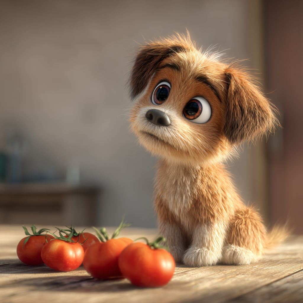 토마토를 앞에둔 사랑스러운강아지, 픽사형 일러스트