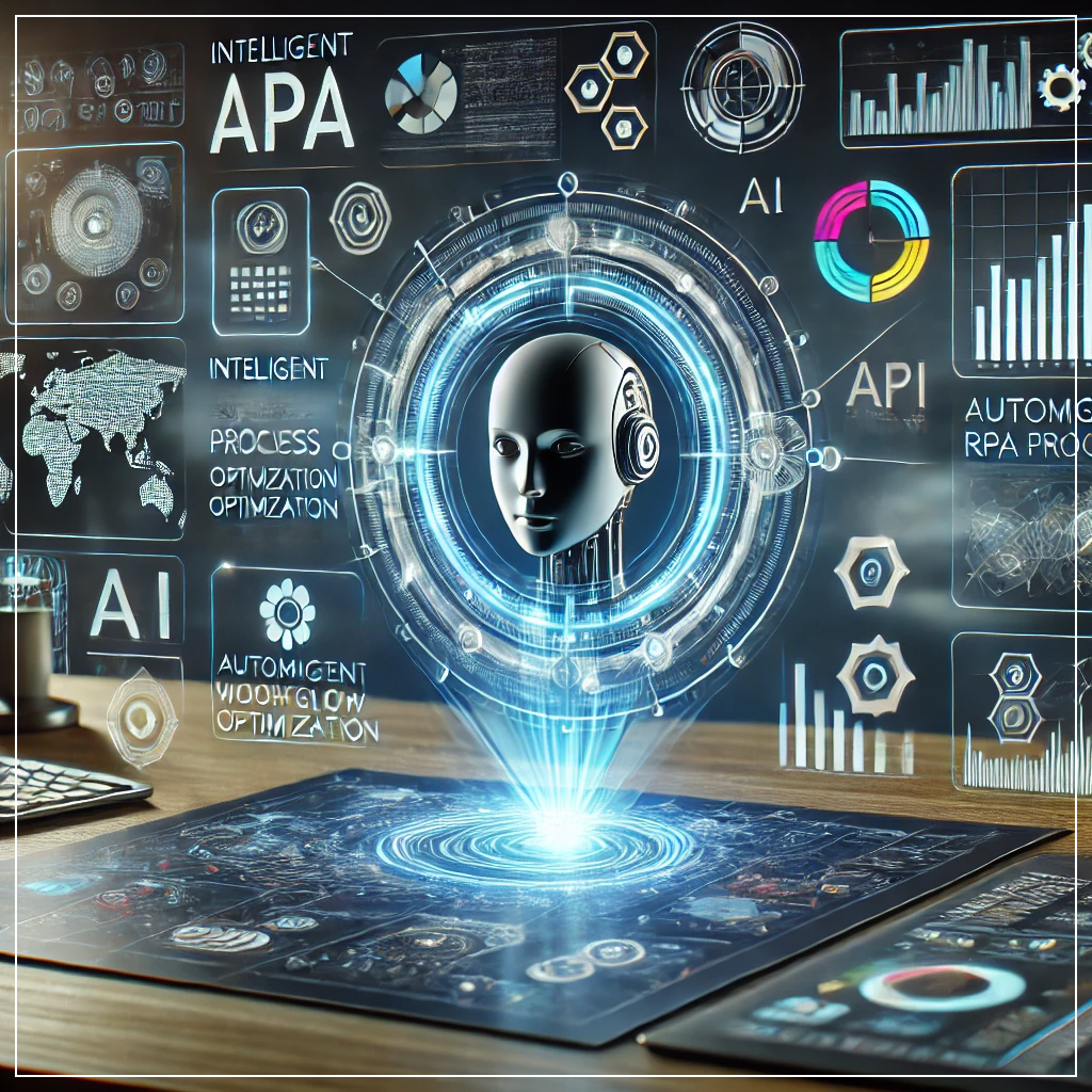 디지털 업무 공간에서 AI가 지능형 RPA를 활용하여 비즈니스 프로세스를 분석 및 최적화하는 모습