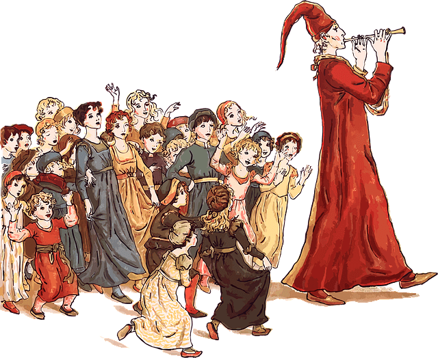 빨간 긴 망토를 입고 빨간 고깔모자를 쓴 남자가 피리를 불고 가고 뒤에는 수많은 아이들이 춤을 추며 따라간다.