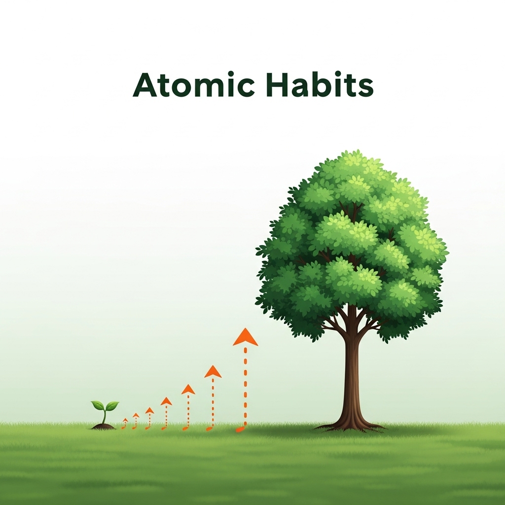 작은 씨앗이 꾸준히 성장하여 큰 나무가 되는 모습. 아주 작은 습관의 힘으로 큰 목표를 달성하는 과정을 시각화.