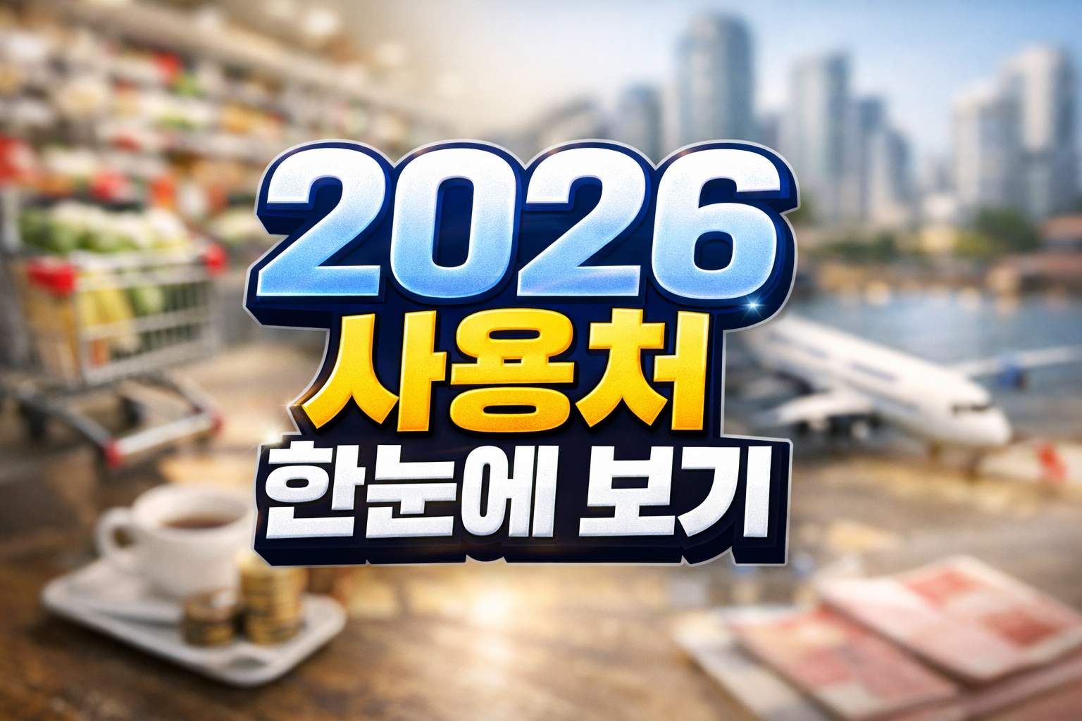 2026 문화누리카드 사용처 안내 썸네일, 비행기와 도심 배경에 커피와 동전 지폐 이미지
