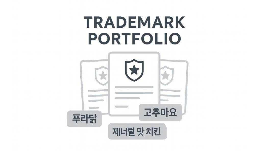 푸라닭&middot;고추마요 등 주요 상표 태그가 배열된 포트폴리오 그래픽