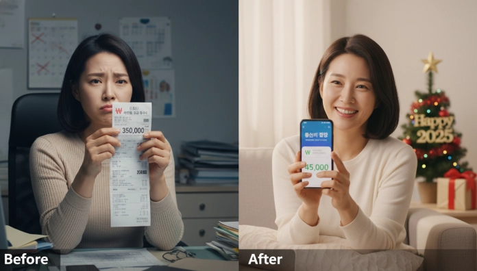 AI 기술 도입 전후 통신비 변화 비교. 왼쪽에는 높은 통신비 고지서(₩)에 스트레스받는 한국인, 오른쪽에는 AI 앱으로 절약된 통신비를 확인하며 미소 짓는 한국인의 모습. 2025년 연말 보너스를 상징하는 이미지.