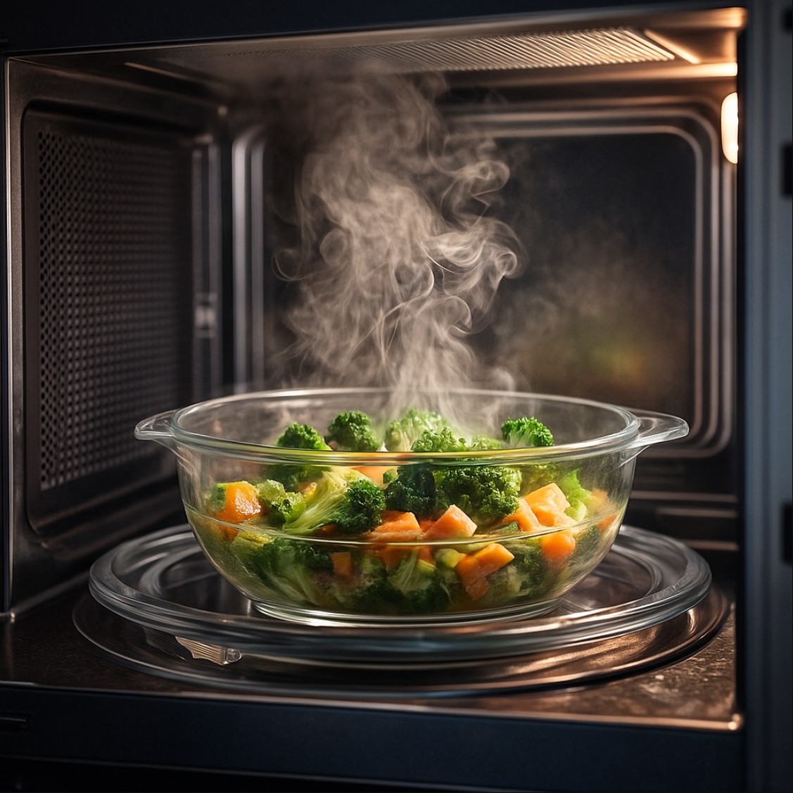 전자레인지 안에서 유리그릇에 있는 음식이 데워지는 과정 이미지