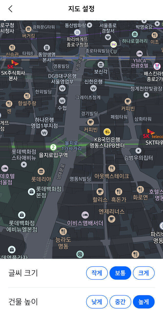 지도 설정 글씨 크기 설정 창