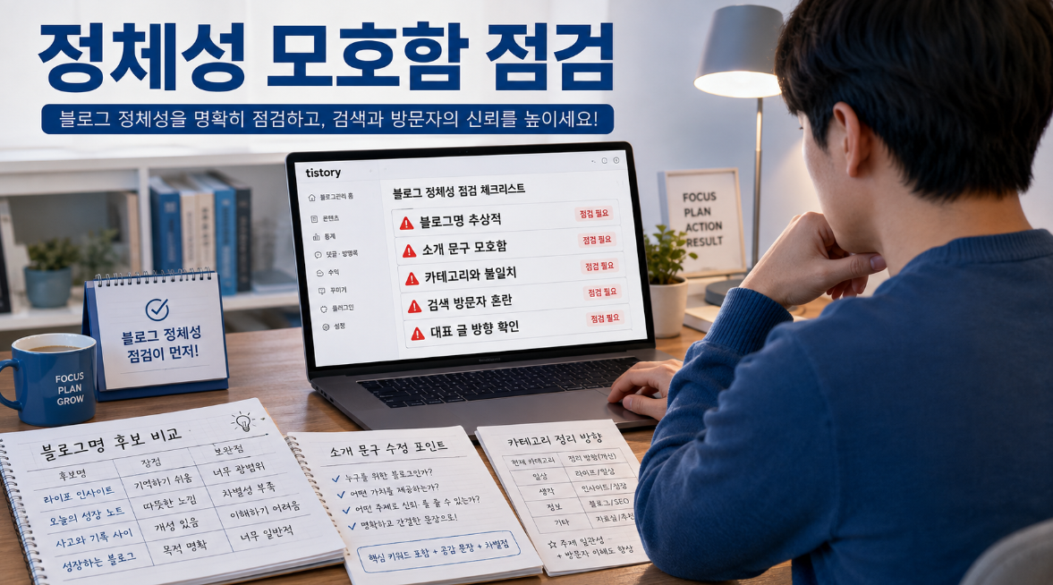 티스토리 블로거가 추상적인 블로그명과 모호한 소개 문구를 카테고리 방향에 맞게 수정하기 위해 점검하는 이미지