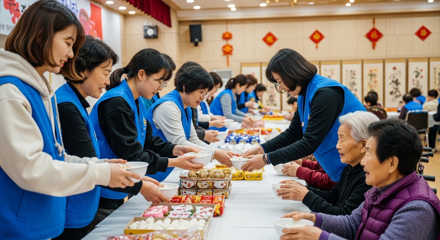 푸른 조끼를 입은 자원봉사자들이 설 명절을 맞아 어르신들에게 떡국과 명절 음식을 정겹게 나누어주는 따뜻한 모습. * ai 생성