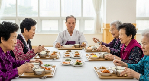 하루 보호 시설에서 간단 식사하는 노인들