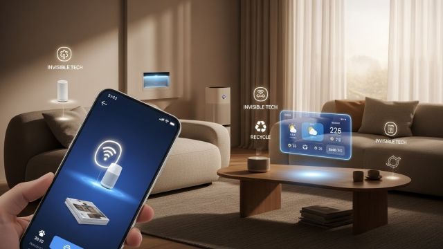 온디바이스 AI 공간 분석 기능을 통해 효율적으로 정돈된 2026년형 스마트 리빙룸 전경