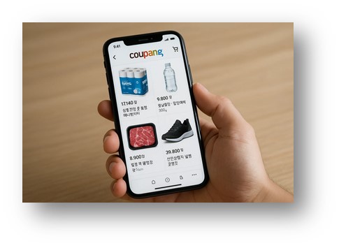 쿠팡 앱을 스마트폰에 설치해서 물건 배달을 위해 사고 싶은 것들을 클릭하는 장면