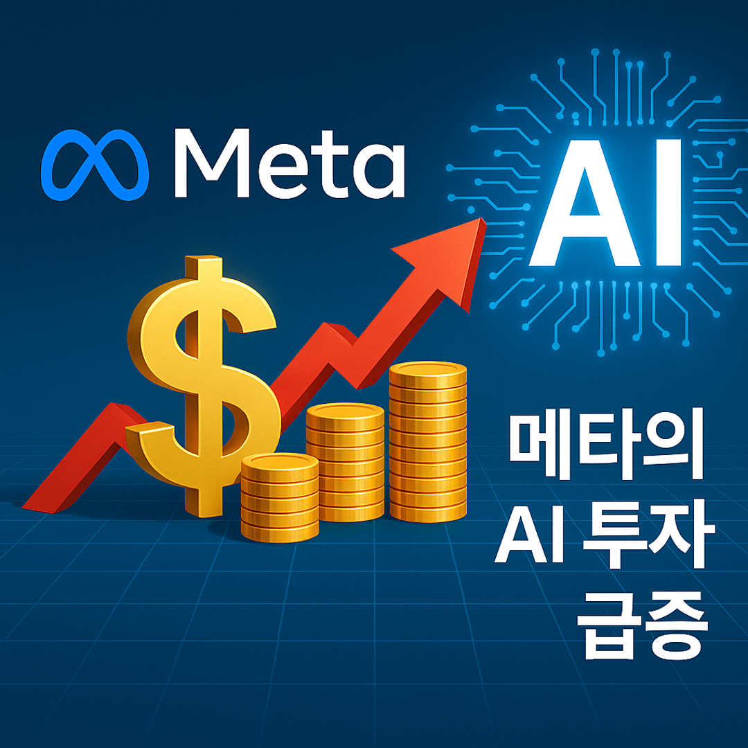 메타 로고와 AI 텍스트, 상승 화살표와 금화가 어우러진 이미지로 메타의 인공지능 분야 투자 급증을 시각적으로 표현