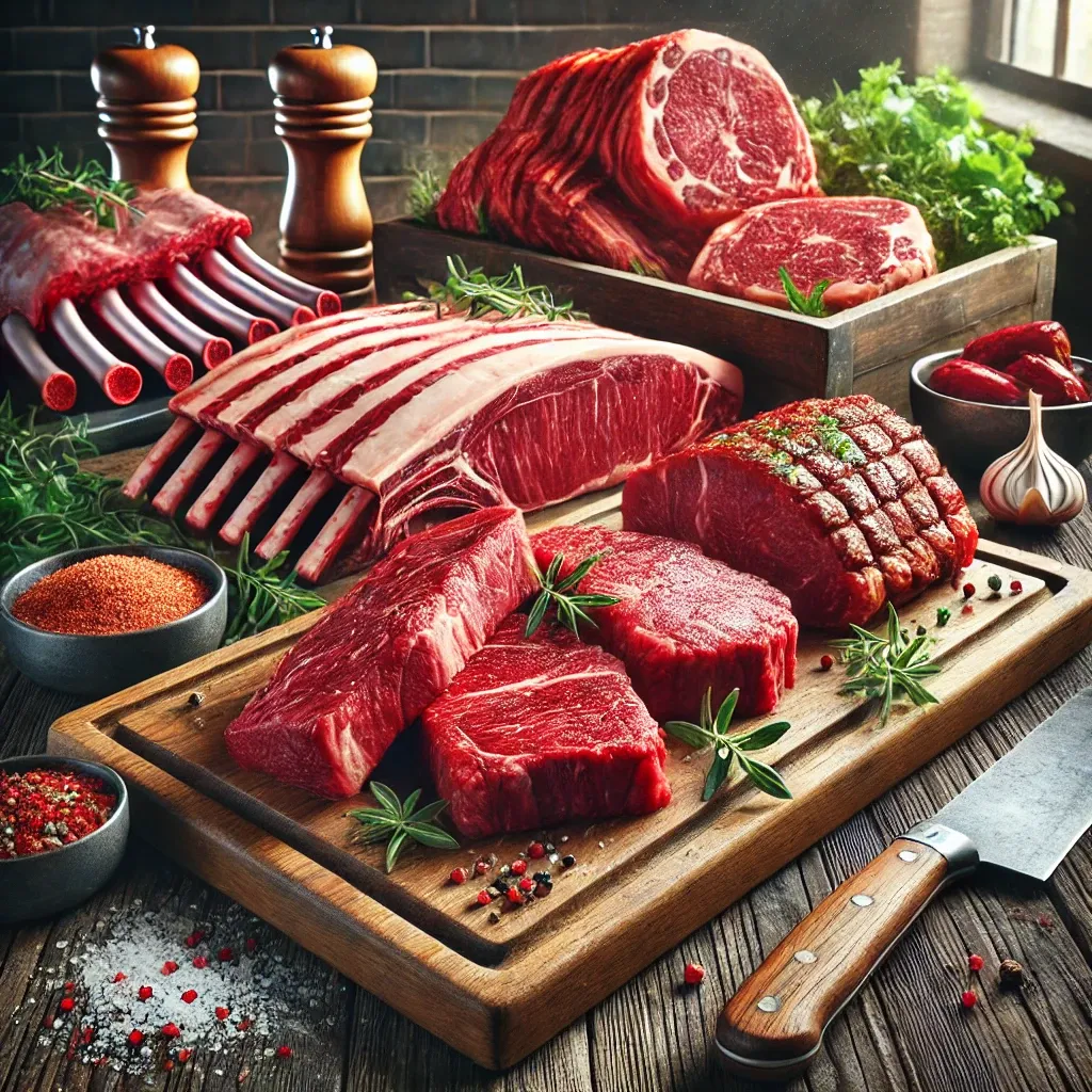 나무 도마 위에 진열된 신선한 붉은 육류, 스테이크, 갈비, 다진 고기 등과 허브 및 양념으로 꾸며진 요리 준비 이미지