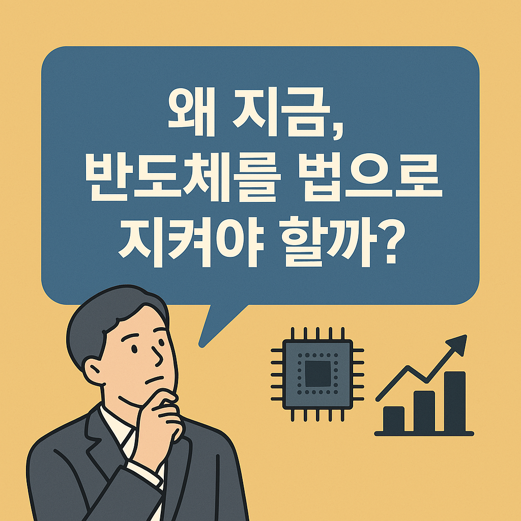 정장을 입은 남성이 “왜 지금, 반도체를 법으로 지켜야 할까?”라는 문구를 바라보며 고민하는 모습이 표현된 플랫 디자인 일러스트. 오른쪽에는 반도체 칩과 상승 그래프 아이콘이 배치되어 전문적인 경제 뉴스 분위기를 전달함.