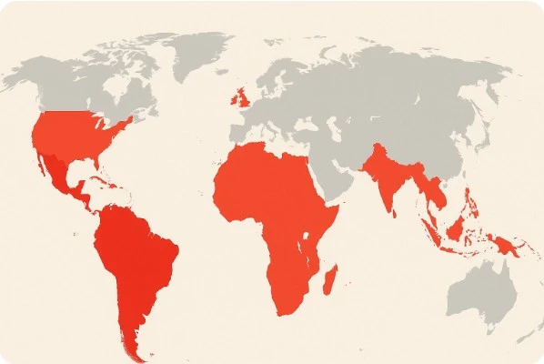중남미와 미국 남부로 붉게 표시한 나사벌레 확산 세계 지도