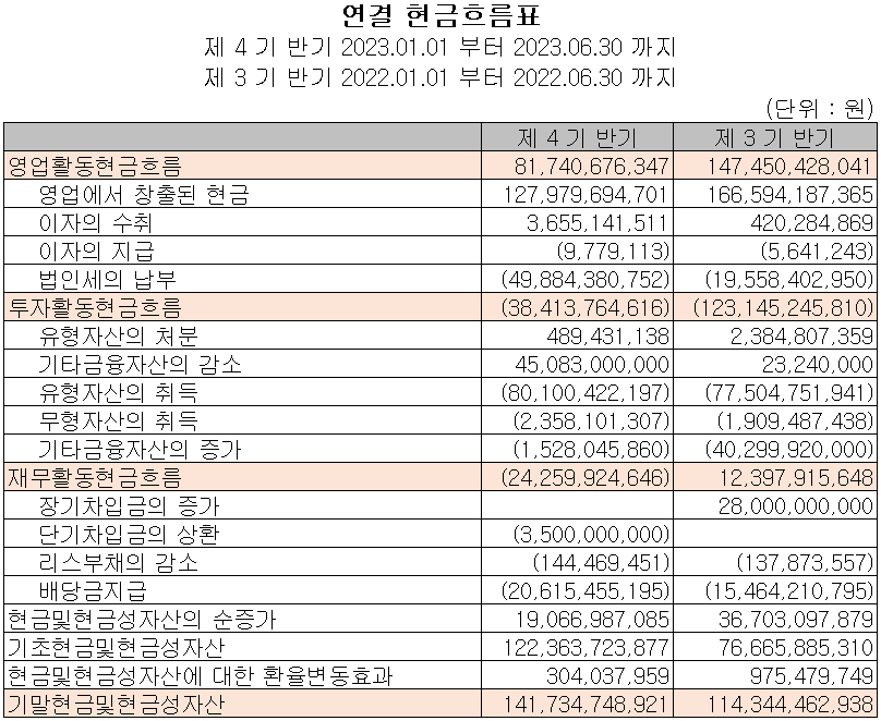 대덕전자 - 현금흐름표