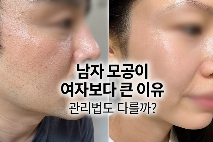 남성과 여성의 얼굴 측면 피부를 나란히 비교한 사진. 왼쪽 남성의 얼굴은 코와 볼 주변에 기름기가 돌고 모공 구멍이 넓게 도드라져 보이며, 오른쪽 여성의 얼굴은 상대적으로 결이 매끄럽고 촘촘한 상태를 보여줌. 사진 중앙에는 검은색 글씨로 '남자 모공이 여자보다 큰 이유, 관리법도 다를까?'라는 제목 문구가 흰색 테두리와 함께 강조되어 있는 블로그 메인 썸네일 이미지.