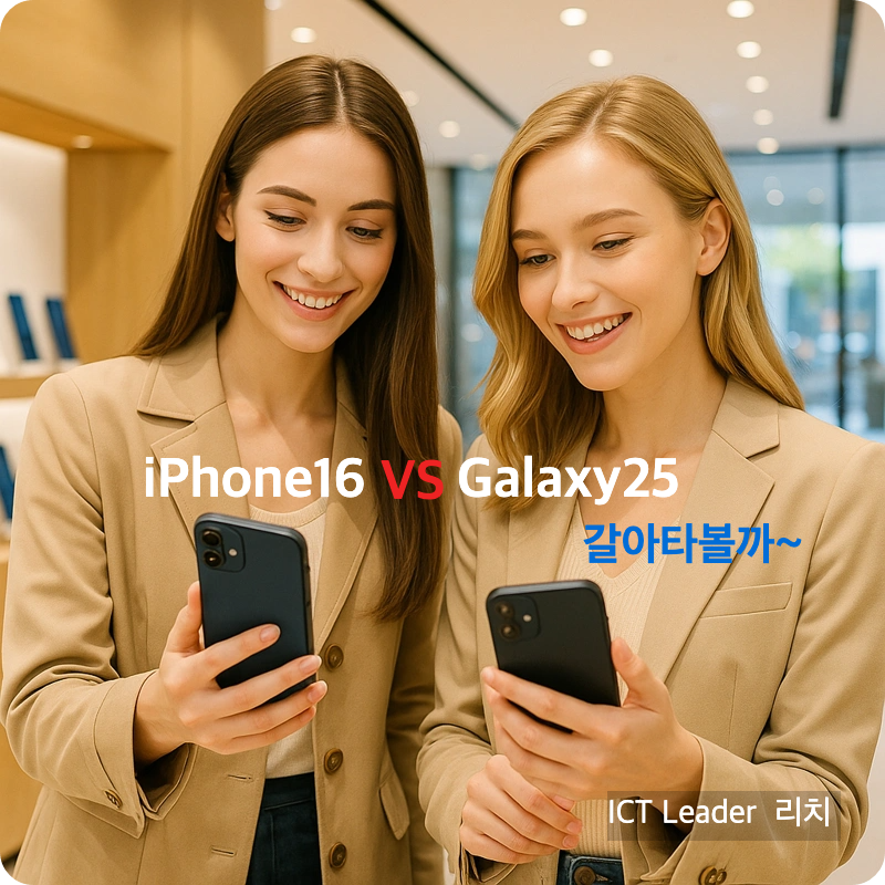 스마트폰 매장에서 기기를 비교하며 웃고 있는 20대 외국여성 두 명
